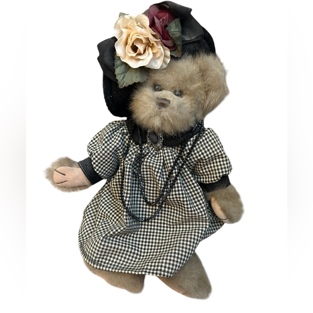 The Bearington Bear Collection Plaid Teddy with Roses and Bead Necklace 15" tall